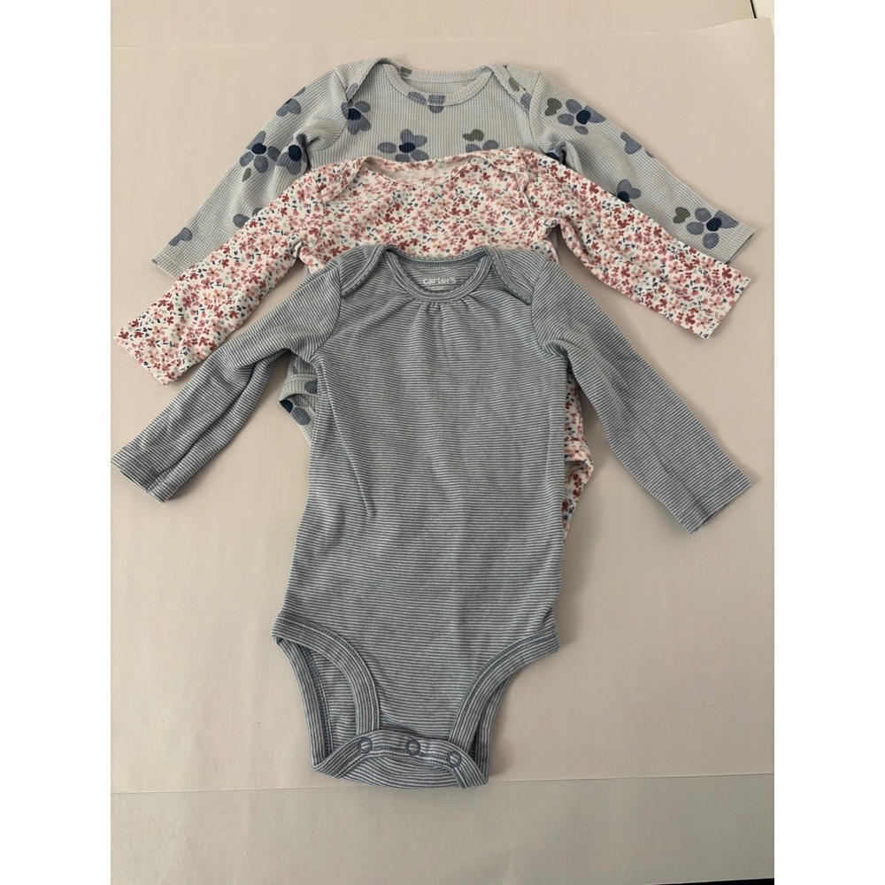 Carters Bodysuits Baby Girl 6Mo Blue Pink Excellent Lot‎ of 3 Floral Striped L/S
